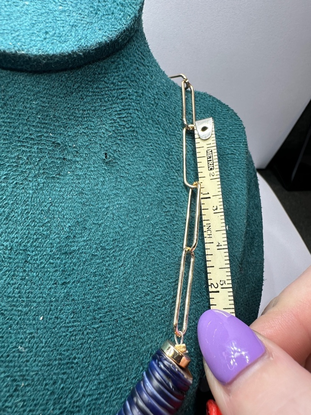 Gold Paperclip Chain Necklace with Navy Shell Disc Beads - Picture 4 of 6